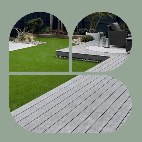 Modern garden featuring light grey composite decking, artificial lawn and contemporary outdoor seating.