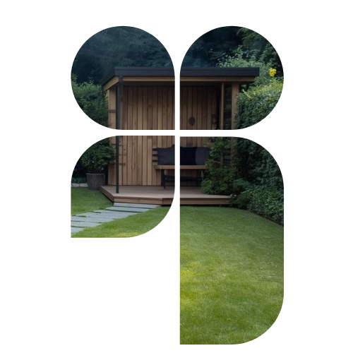 Modern timber garden room with composite decking and landscaped lawn.