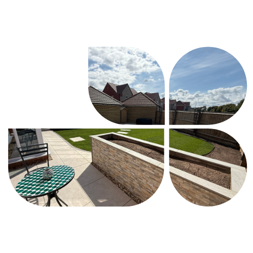 Modern garden with porcelain paving, artificial lawn, a raised planter with stone cladding, and stepping stones.